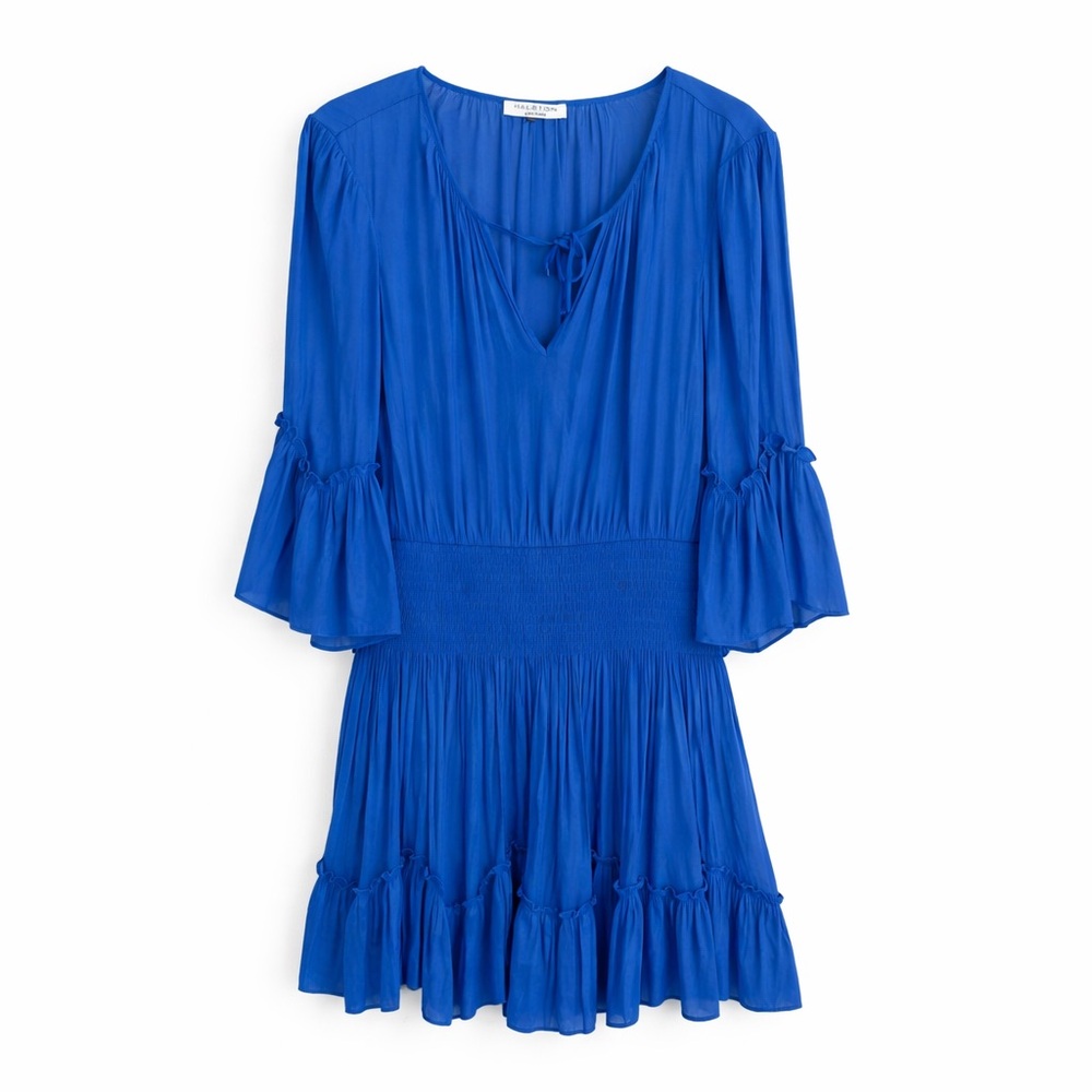 Halston Heritage Blue Silk Chiffon Smocked Waist Mini Dress Large Boho Ruffle
